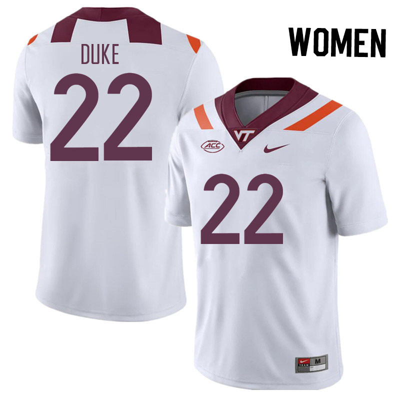 Women #22 Bryce Duke Virginia Tech Hokies College Football Jerseys Stitched Sale-White